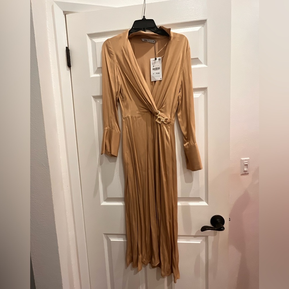 Satin tan wrap zara dress